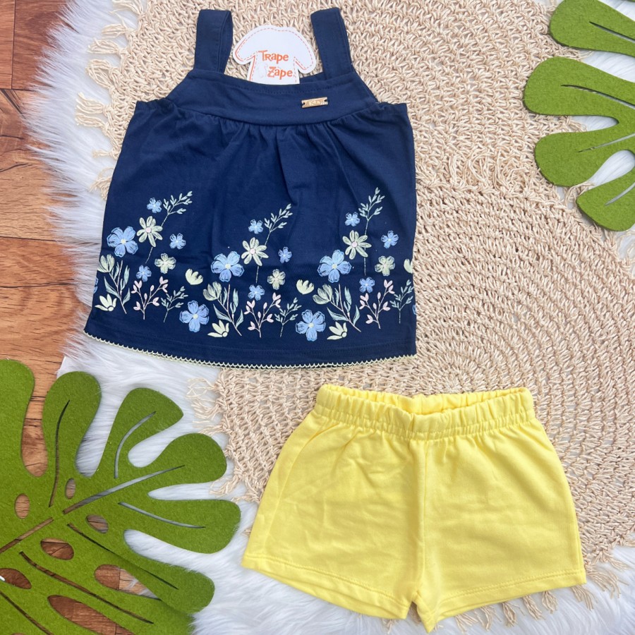 Conj. Bata Floral e Short em Moletinho - Marinho e Amarelo02